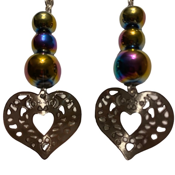 HAND CRAFTED Earrings Rainbow Heart Long Glass Beads Jewelry Silver Dangle - Picture 5 of 7